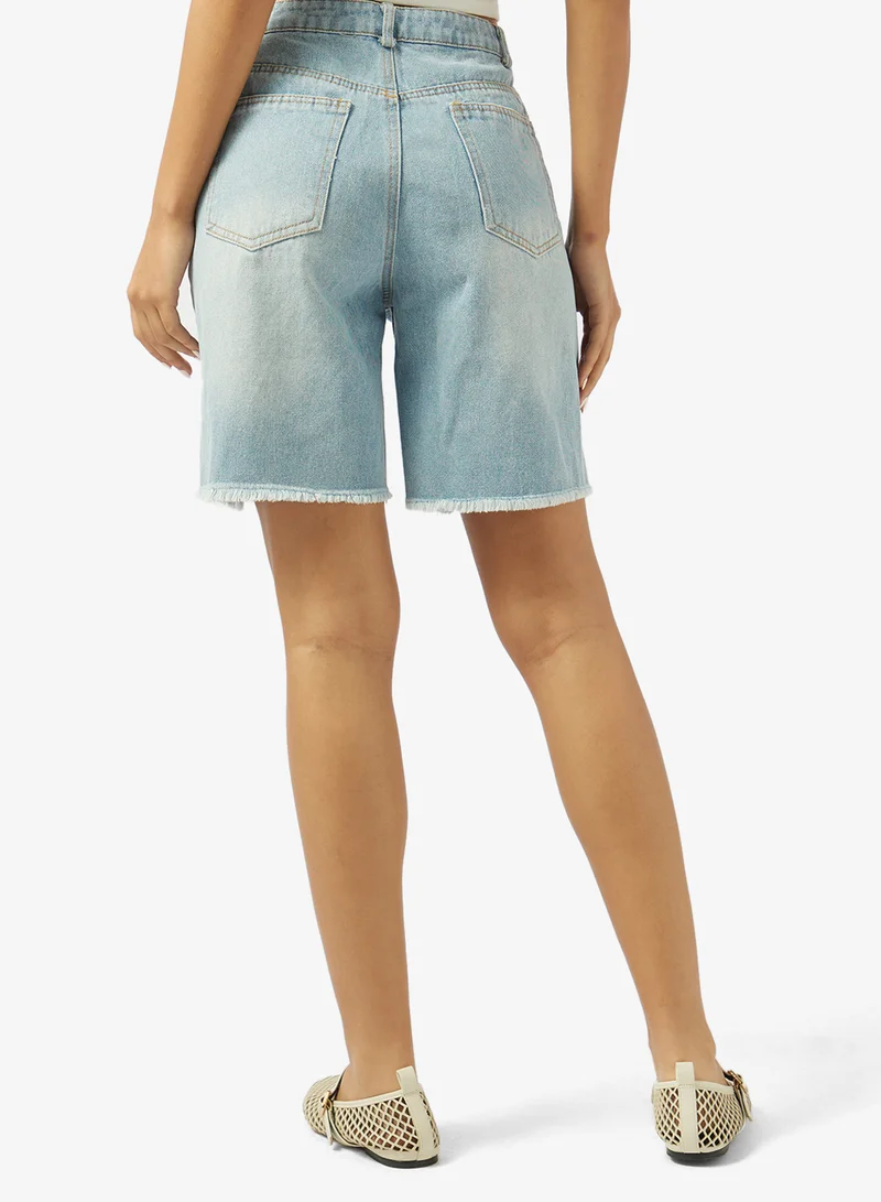 Ginger  Mid Rise Bermuda Shorts with Frayed Hem for Women | Best Price UAE